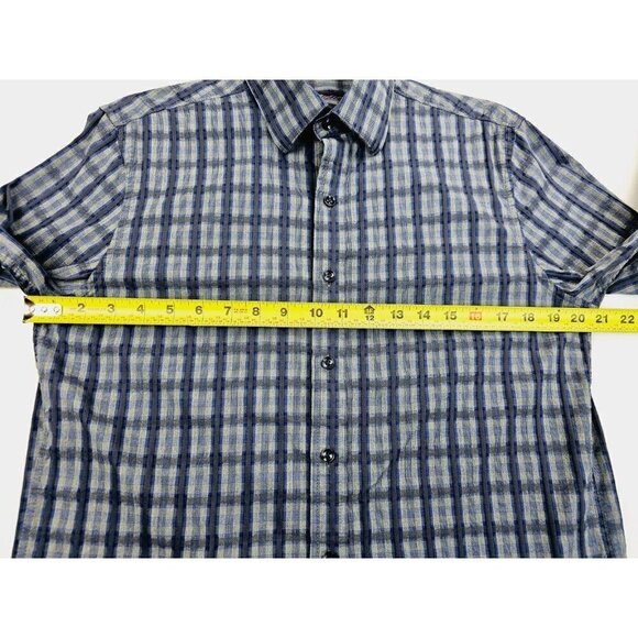 Tasso Elba Size Small 14-14.5 Men's Blue Gray Check Long Sleeve Cotton Shirt - Picture 3 of 10